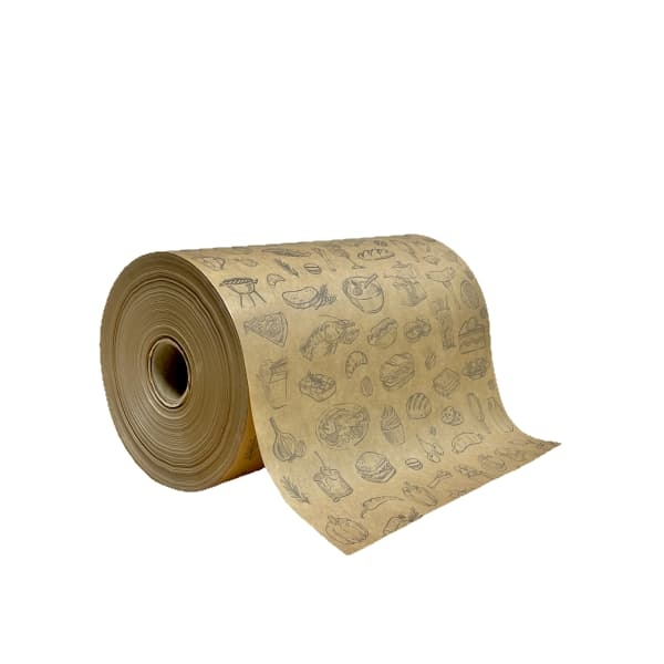 Papier pakowy kraft  powlekany PE nadruk ŻYWNOŚĆ - szer. 35 cm - 10 kg/rolka