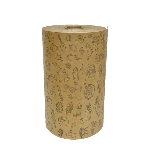 Papier pakowy kraft  powlekany PE nadruk ŻYWNOŚĆ - szer. 35 cm - 10 kg/rolka 2