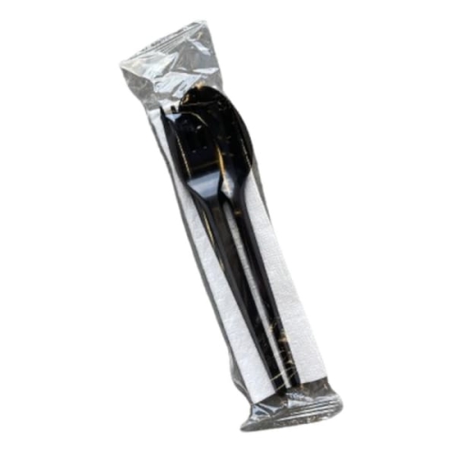 Zestaw foliowany CZARNY widelec + nóż + łyżka + serwetka - 350 szt./opak.