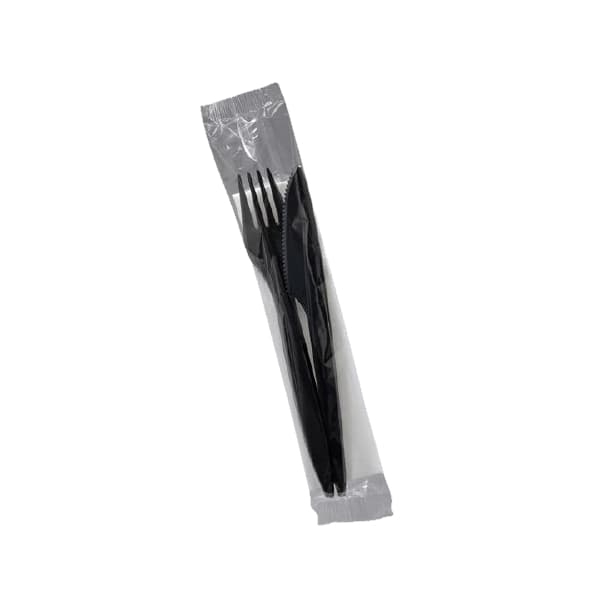 Zestaw foliowany czarny widelec + nóż + serwetka, Reuse - 350 szt./karton