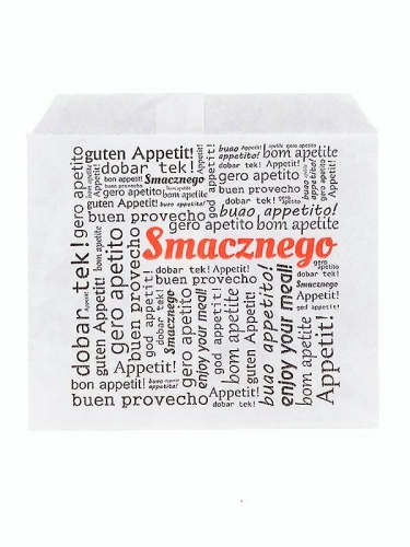 Koperta papierowa powlekana PE 15 x 16 cm biała Smacznego - 500 szt./opak.