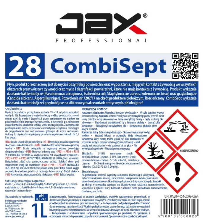Preparat do mycia i dezynfekcji w wykazie produktów biobójczych COMBISEPT JAX 28 - 1 L 3