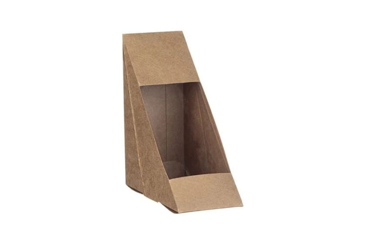 Pojemnik na żywność Kraft trójkątny na kanapki MAŁY 12×12×5,2 cm z okienkiem – 50 szt.