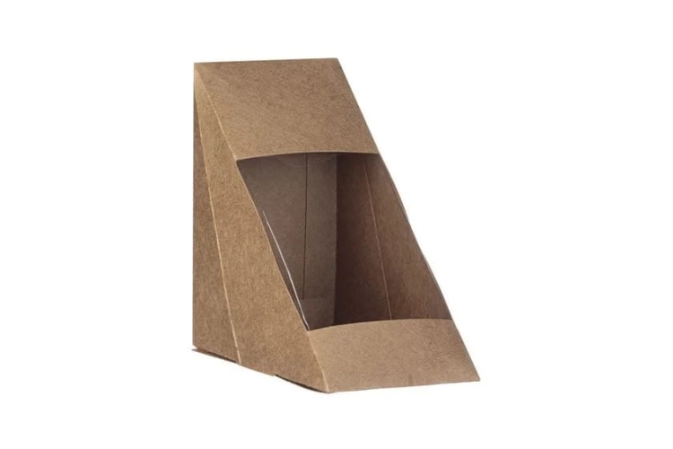 Pojemnik na żywność Kraft trójkątny na kanapki ŚREDNI 12×12×7,2 cm z okienkiem – 50 szt.