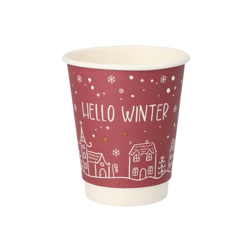 Kubek papierowy 80 do kawy świąteczny "Hello Winter" 2 warstwowy czerwony