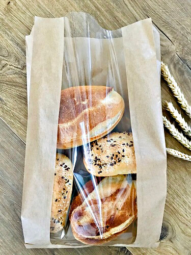 Torebka papierowa fałdowa z okienkiem, wysokość 37 cm, szerokość 23 cm, kolor brązowy kraft